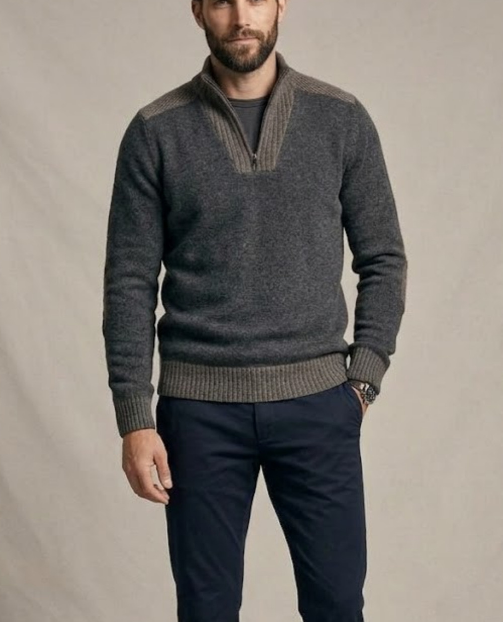 Blue Pronto Uomo Sweater Mens Medium 100% Wool Charcoal Quarter Zip Elbow Patch